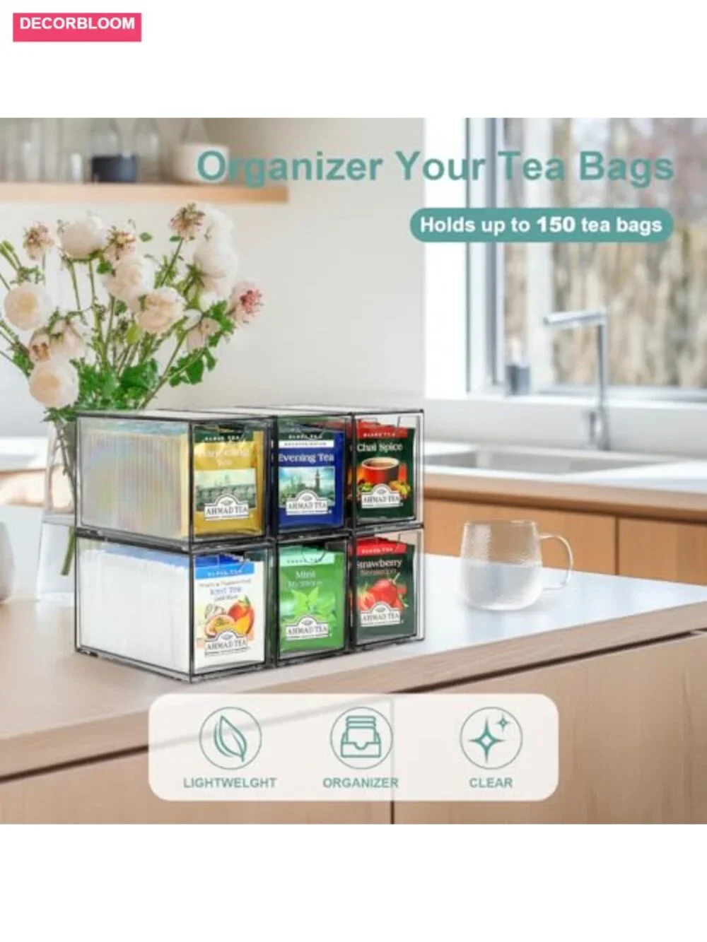 Acrylic Tea Bag Organizer 6 Pack Stackable Storage